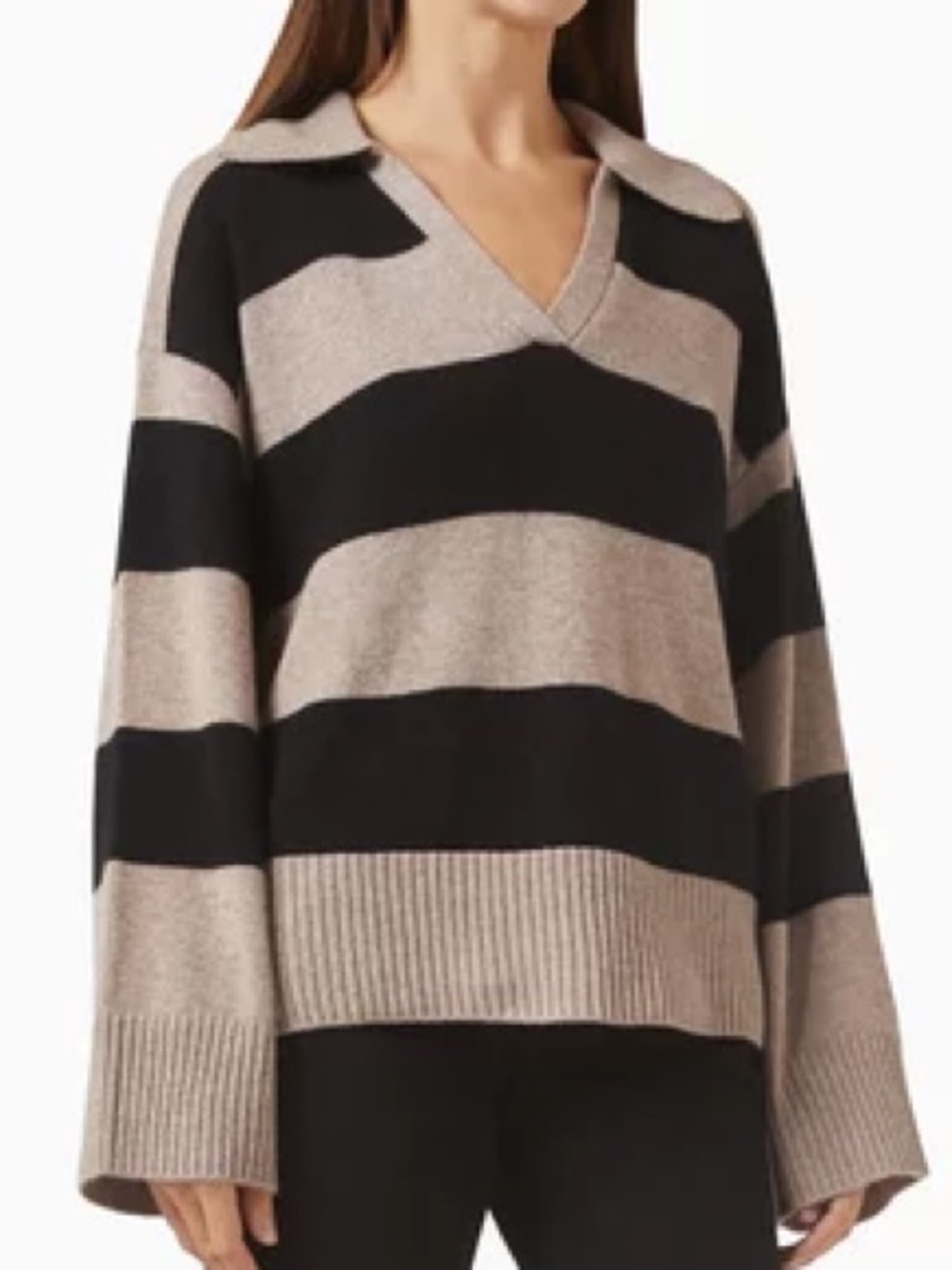 Reformation Sawyer Oversized Cashmere Striped Polo Sweater Black Beige XS